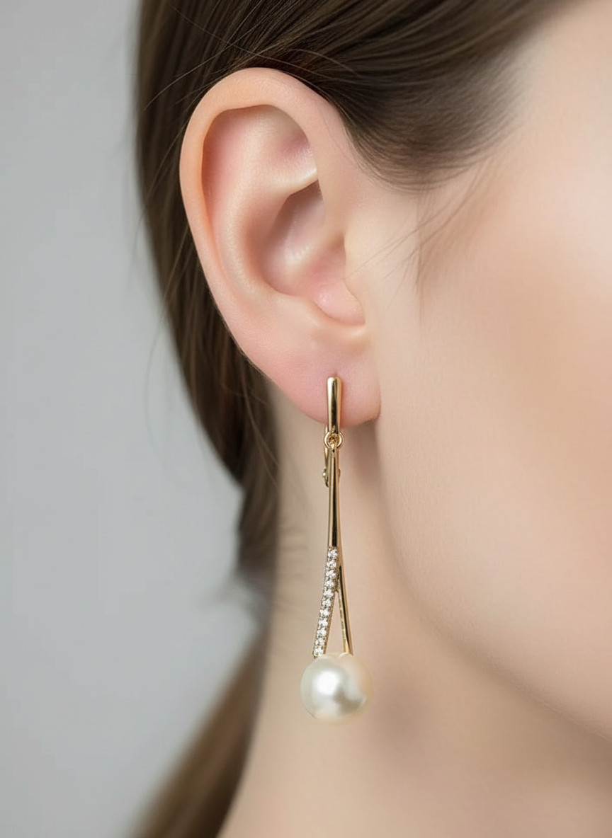 Stunning Rolled Gold Long Pearl Earrings- Bridal Collection