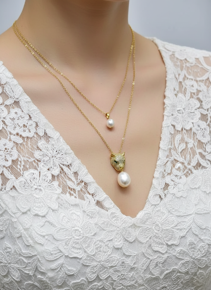 Handmade Necklace with Emerald eyes Panther and South Sea Big Pearl- Stunning Bride Collection