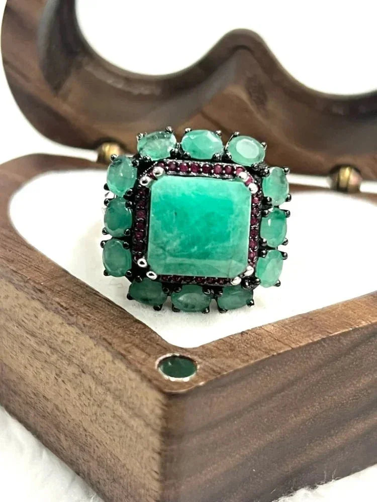Handmade Genuine Emerald & Ruby Artisan Statement Ring Sterling Silver - Eva & Elie Gems Inc.