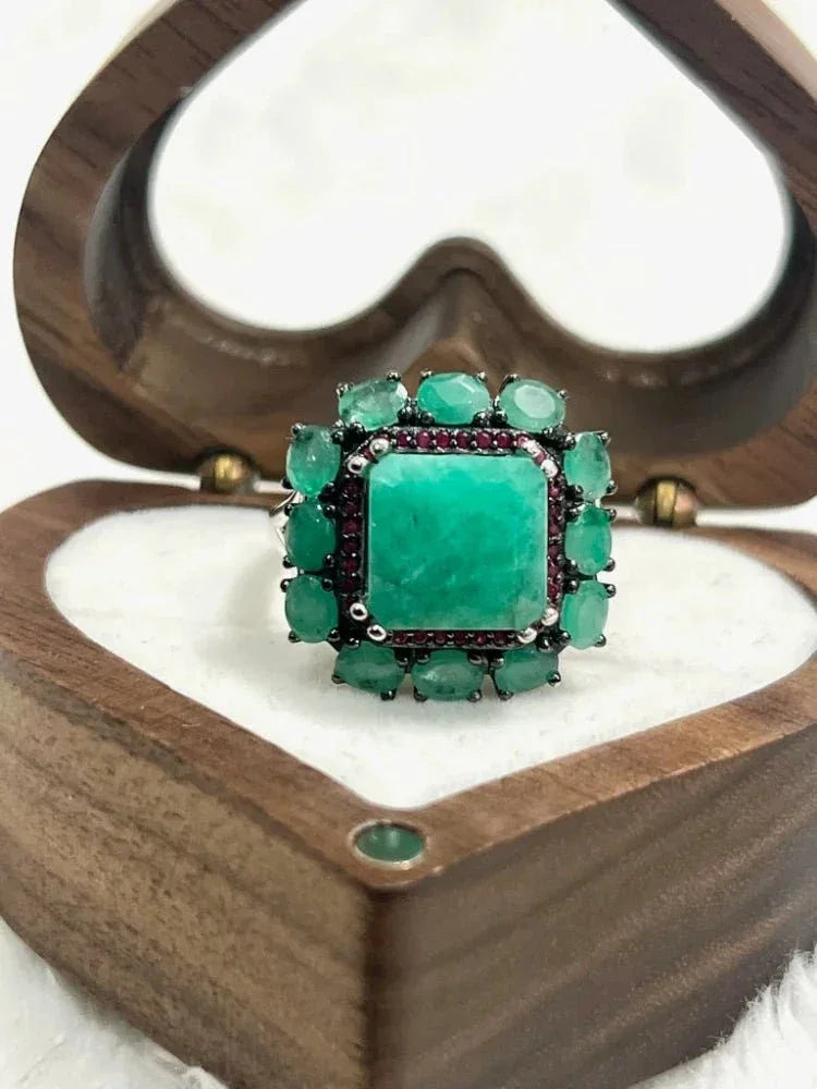 Handmade Genuine Emerald & Ruby Artisan Statement Ring Sterling Silver - Eva & Elie Gems Inc.