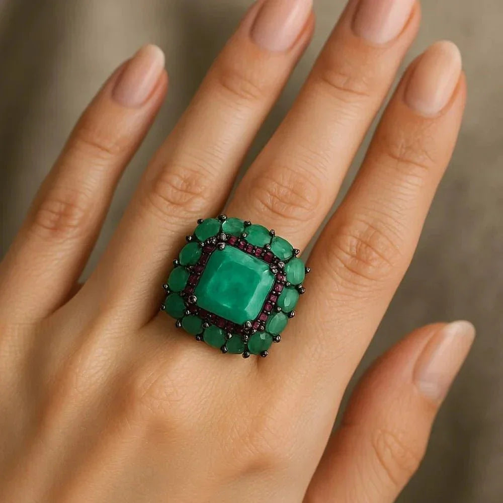 Handmade Genuine Emerald & Ruby Artisan Statement Ring Sterling Silver - Eva & Elie Gems Inc.