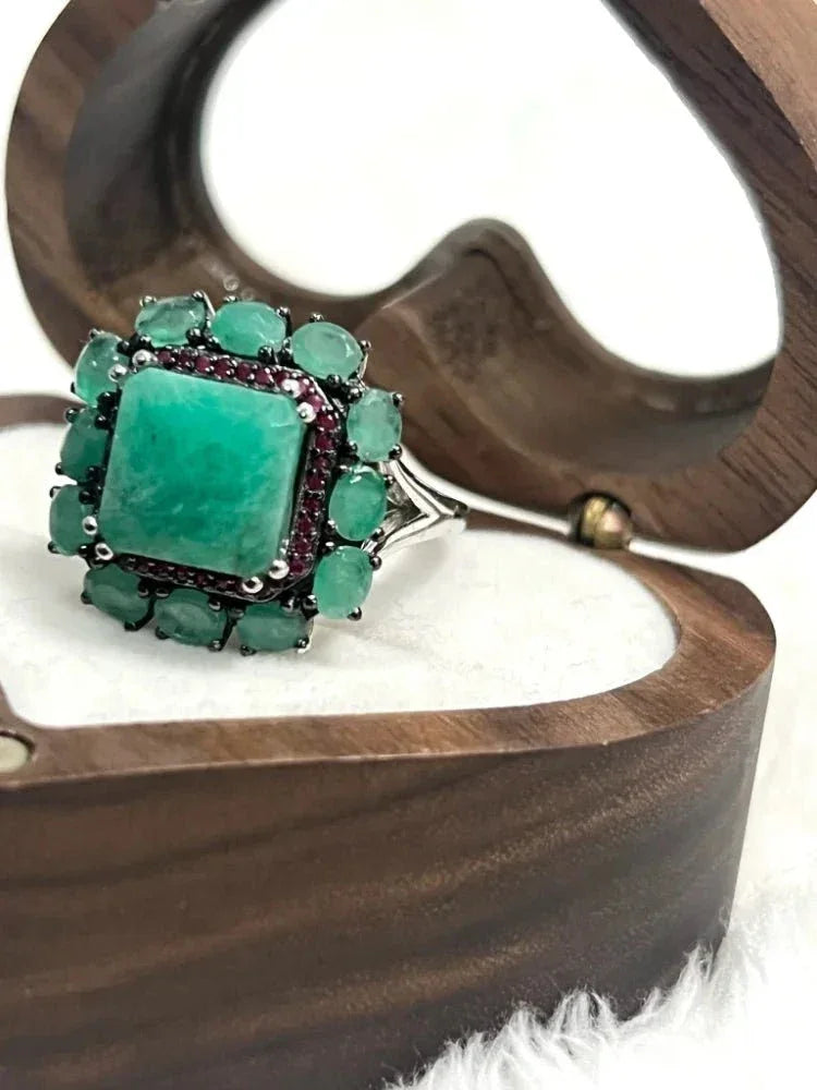 Handmade Genuine Emerald & Ruby Artisan Statement Ring Sterling Silver - Eva & Elie Gems Inc.