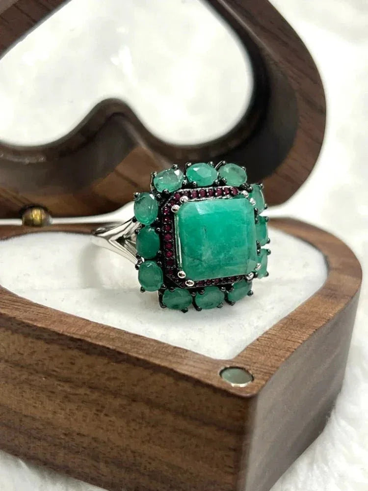 Handmade Genuine Emerald & Ruby Artisan Statement Ring Sterling Silver - Eva & Elie Gems Inc.
