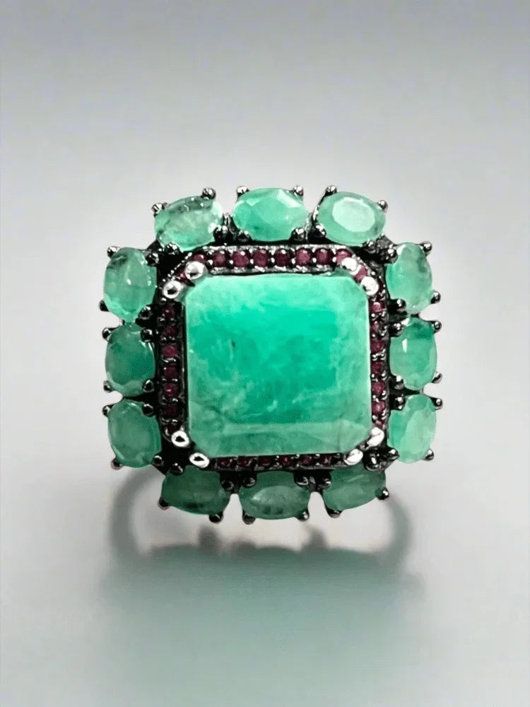Handmade Genuine Emerald & Ruby Artisan Statement Ring Sterling Silver - Eva & Elie Gems Inc.