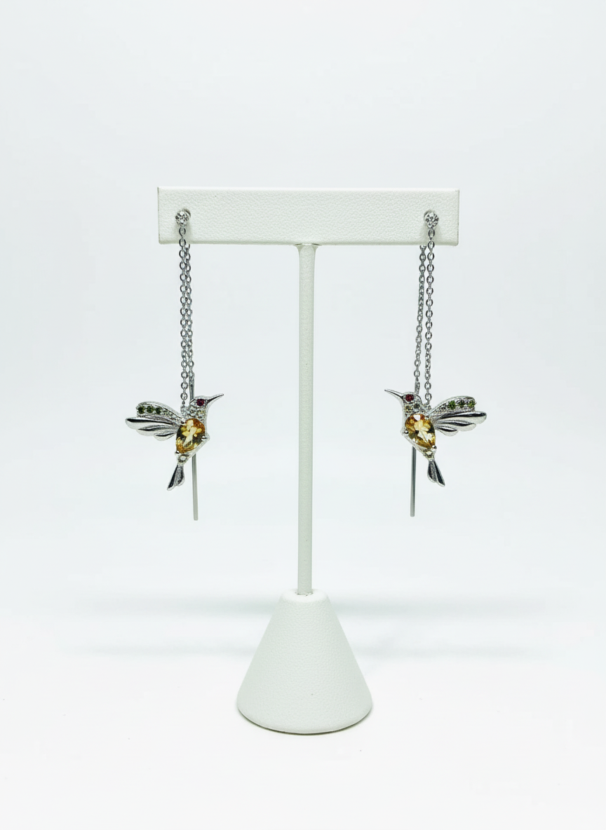 Handmade Artisan Citrine & Peridot Hummingbird Ear Threaders