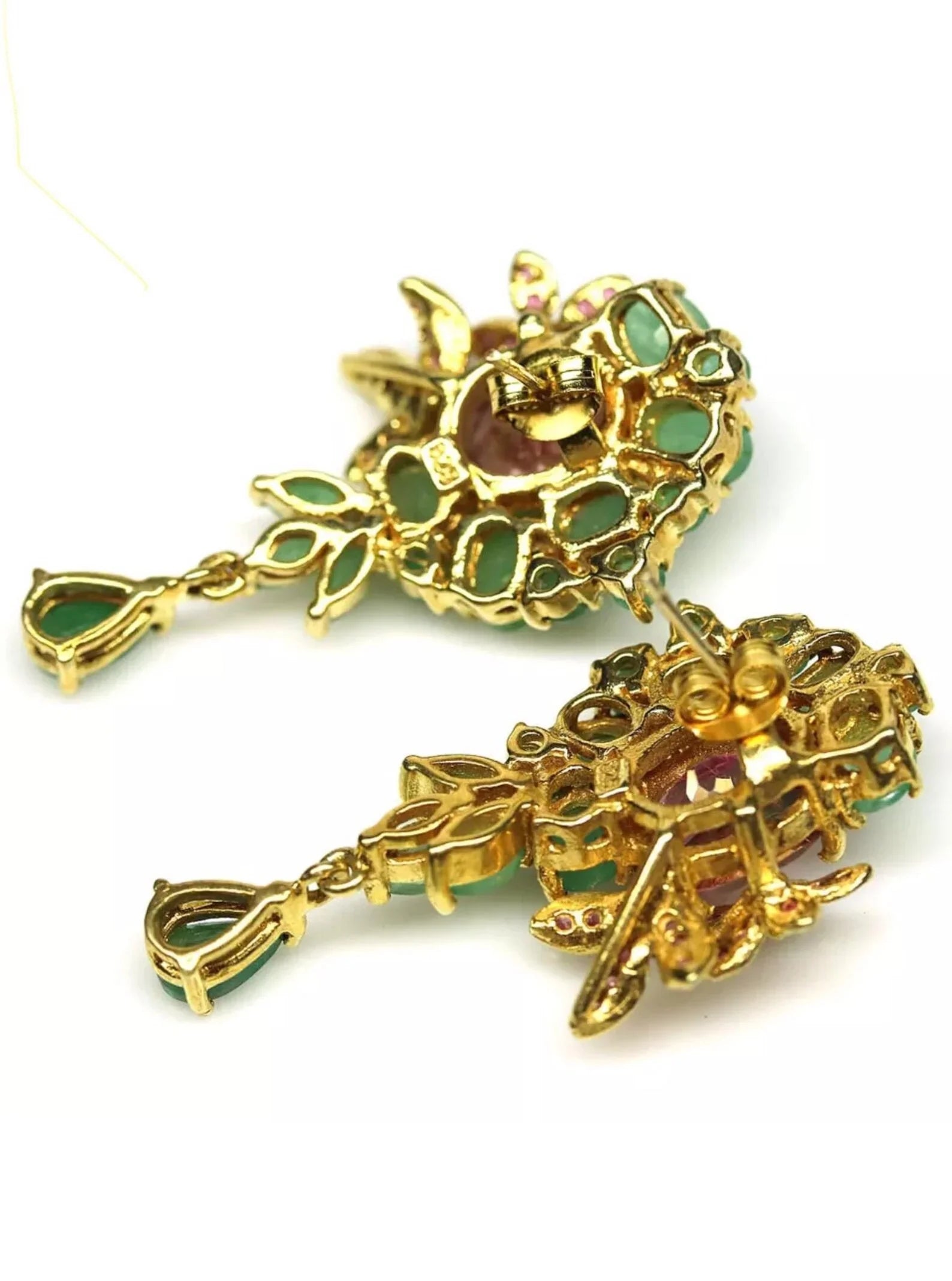 Back view of Italian-style emerald and pink topaz earrings, showing detailed craftsmanship and secure backings.