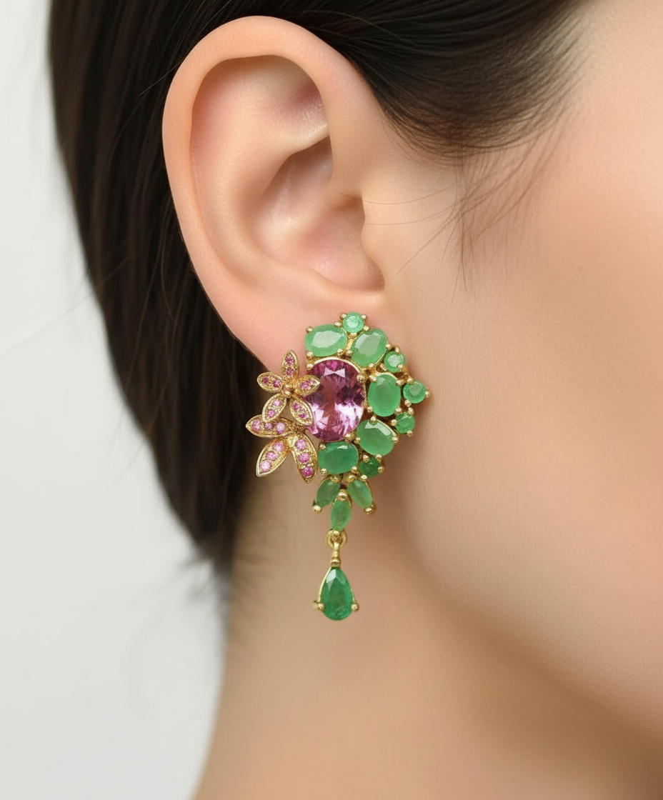 Italian Handmade Colombian Emerald & Pink Sapphire Drop Earrings