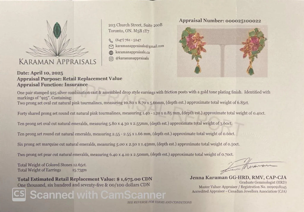 Appraisal document for Italian emerald, topaz, and sapphire earrings by Karaman Appraisals, dated April 10, 2025