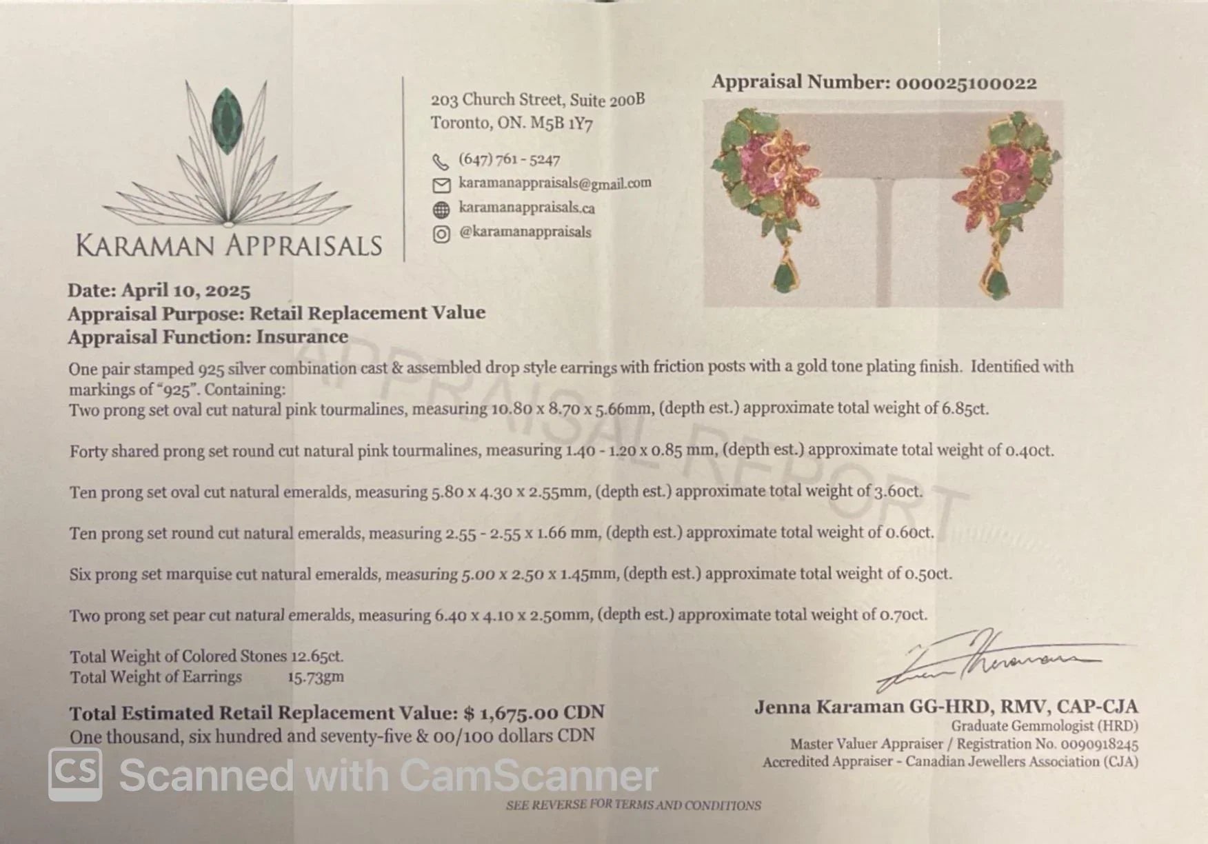 Appraisal document for Italian emerald, topaz, and sapphire earrings by Karaman Appraisals, dated April 10, 2025