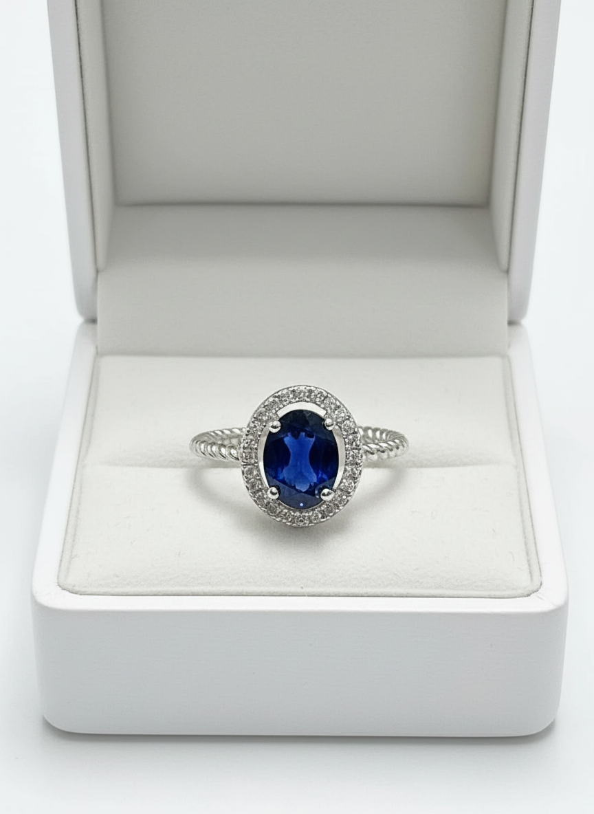 Handmade Oval Salon Blue Sapphire Halo Ring