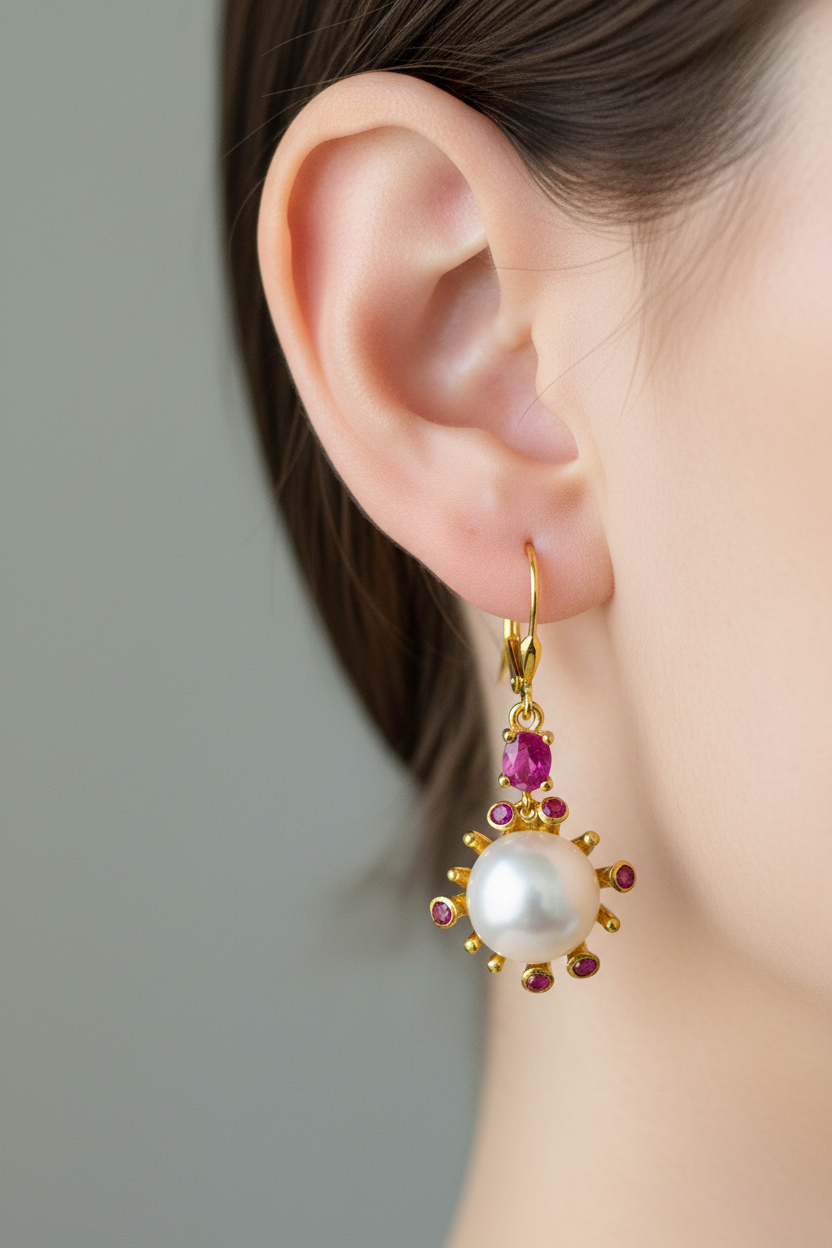 Model wearing pearl and ruby earrings