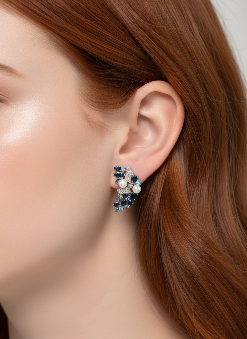 Handmade Sapphire, Topaz and Pearls Stunning Crescent Earrings- One of a Kind!