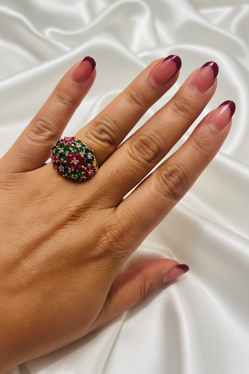 Multicolour Gemstone Ring with Dark Red French Manicure on White Silk
