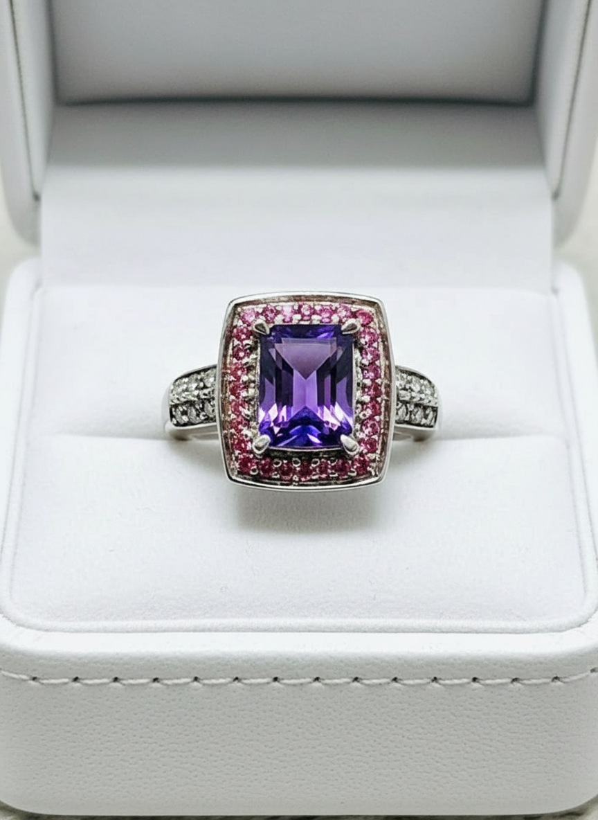 Handmade Natural Amethyst and natural Diamonds Ring