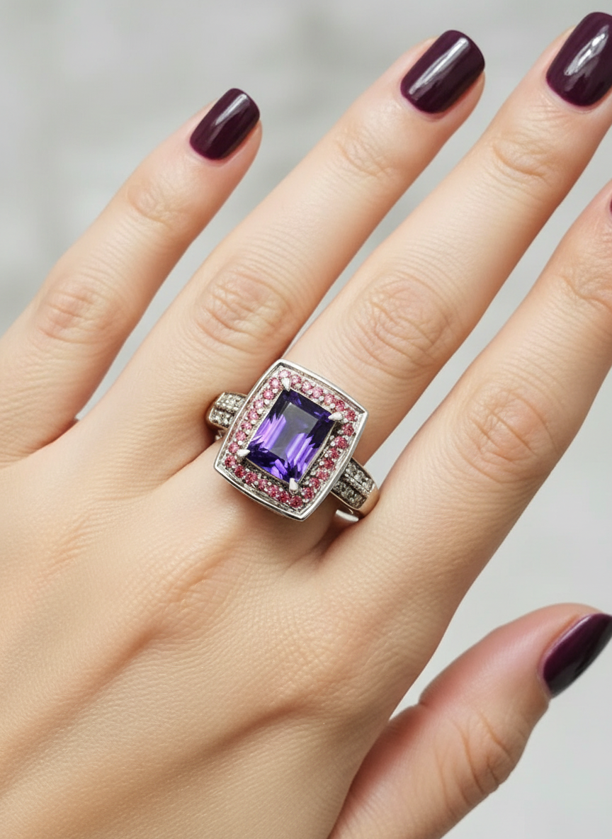 Handmade Natural Amethyst and natural Diamonds Ring