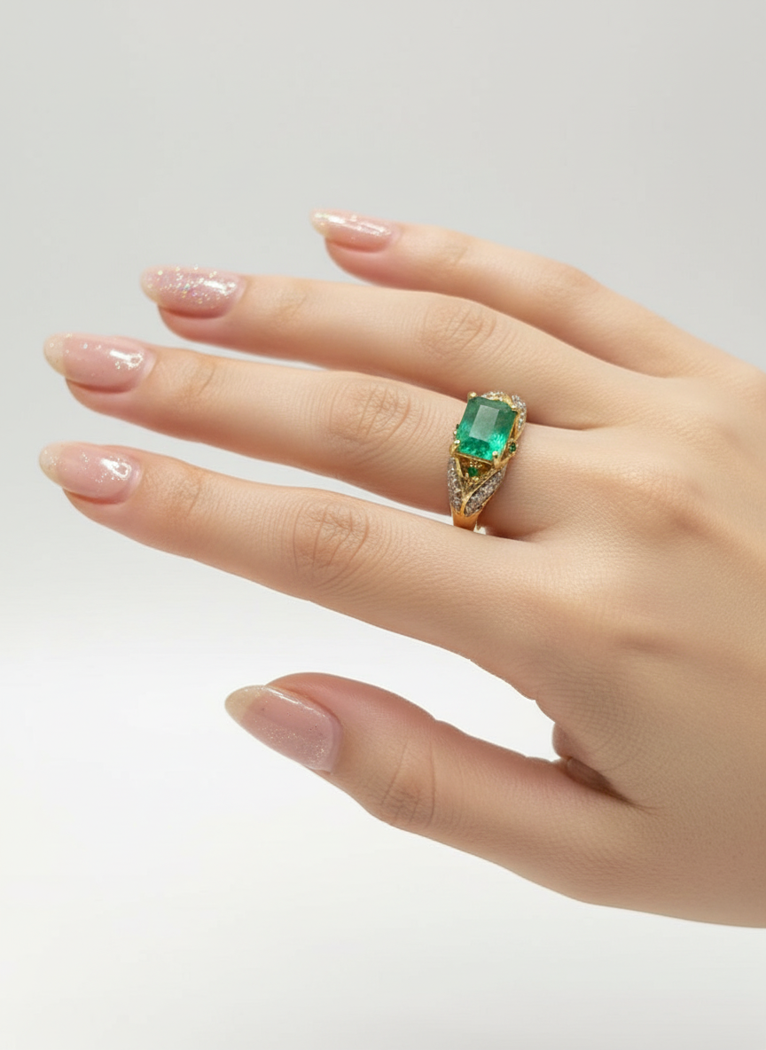 Natural Colombian Emerald and Diamonds Ring- Artisan Made