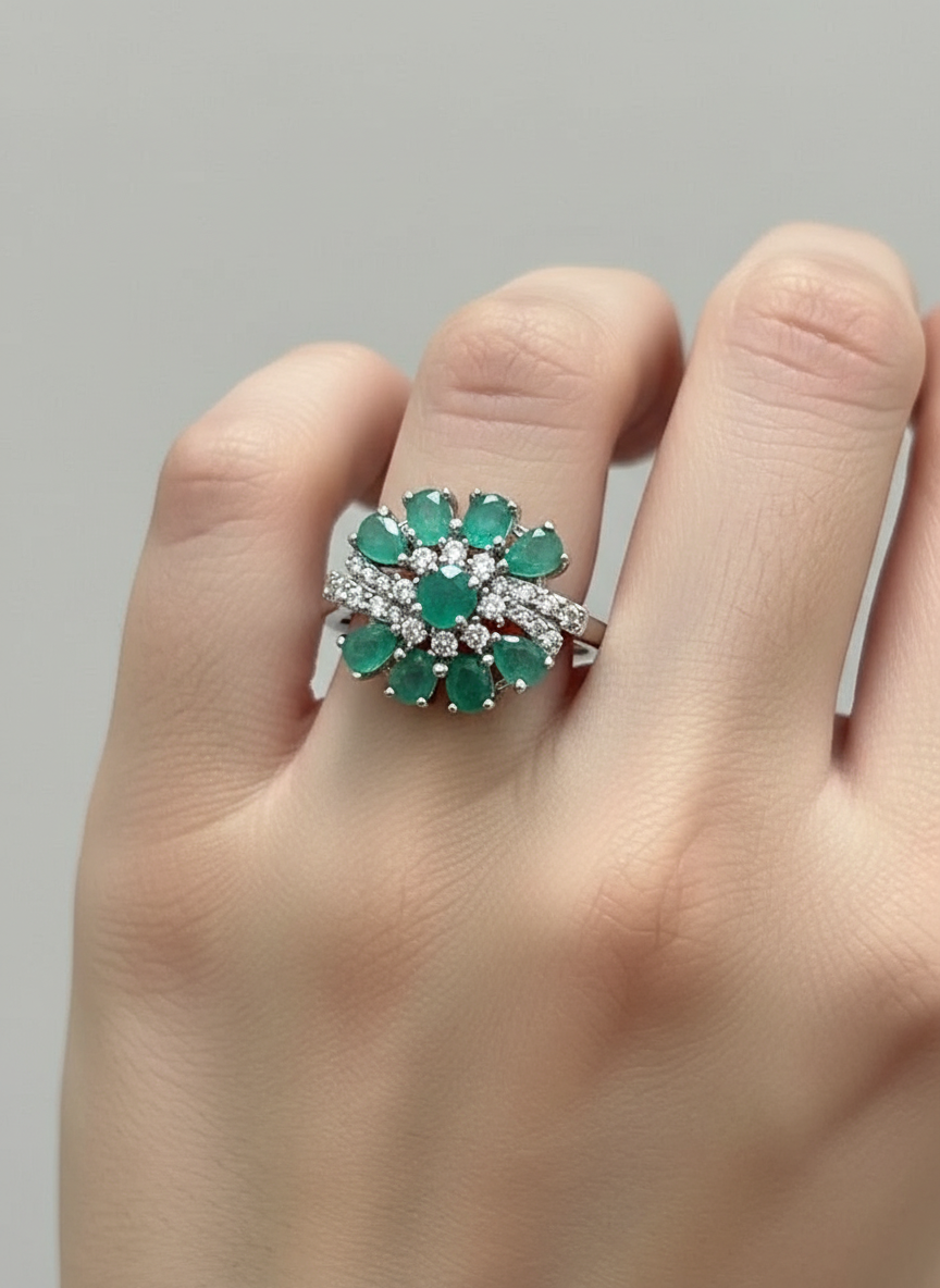 Handmade Emerald and Topaz Floral Sterling Silver Ring