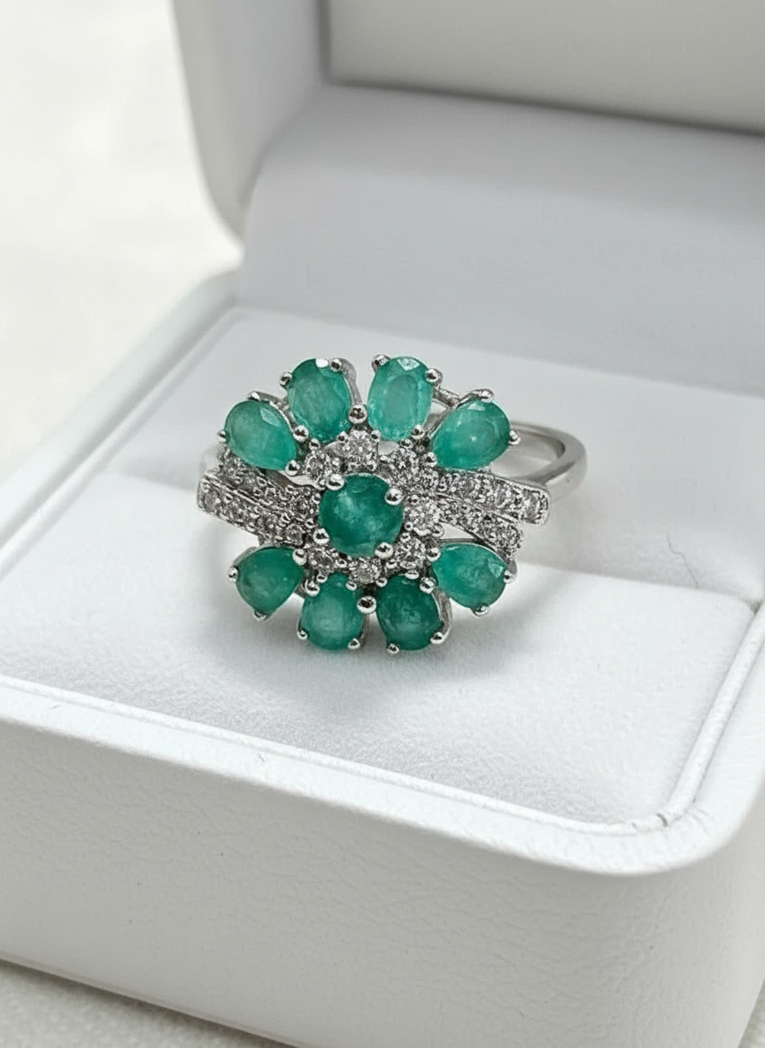 Handmade Emerald and Topaz Floral Sterling Silver Ring