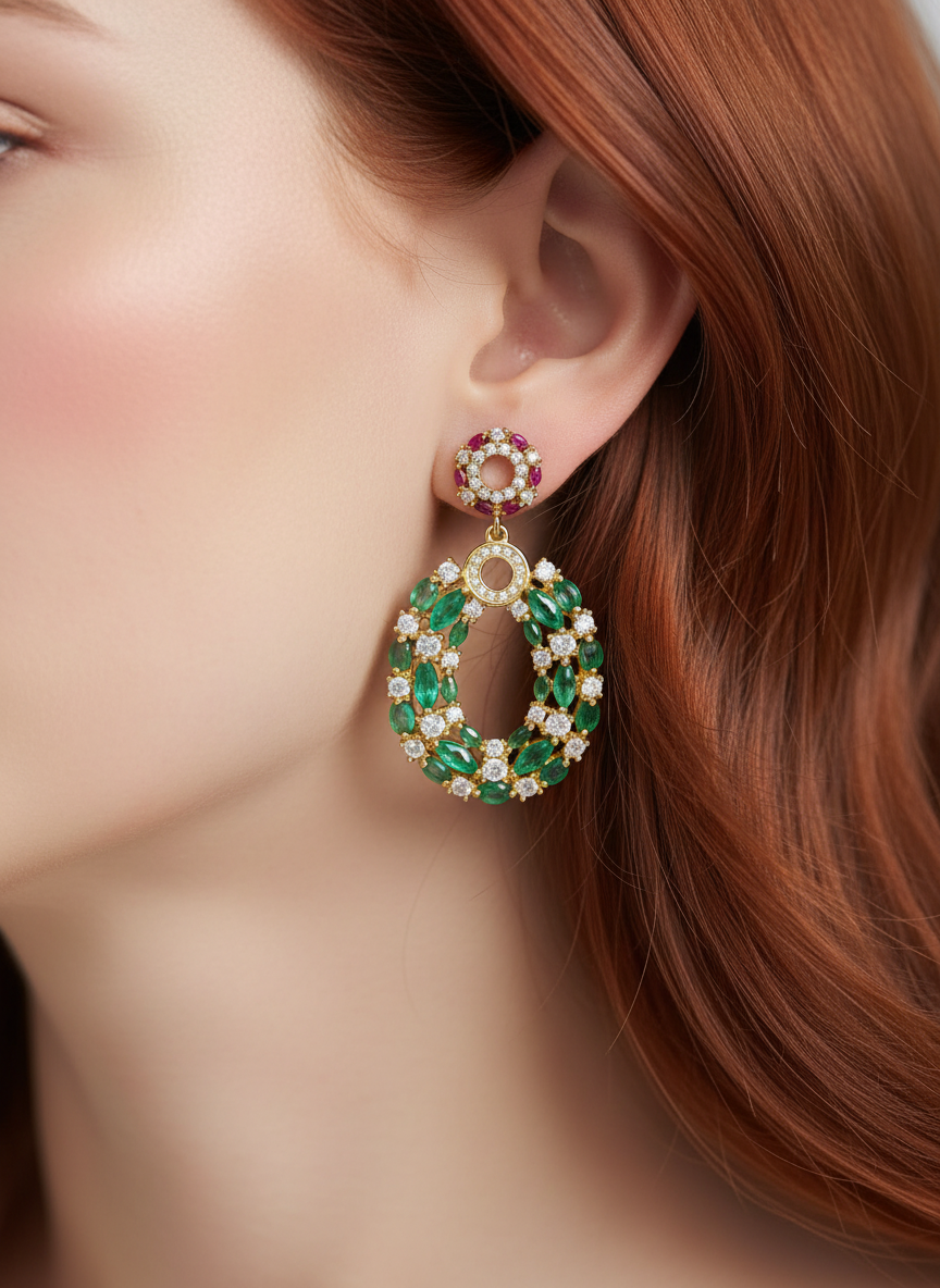 Handmade Exquisite Natural Emerald & Ruby Earrings – Italian Craftsmanship