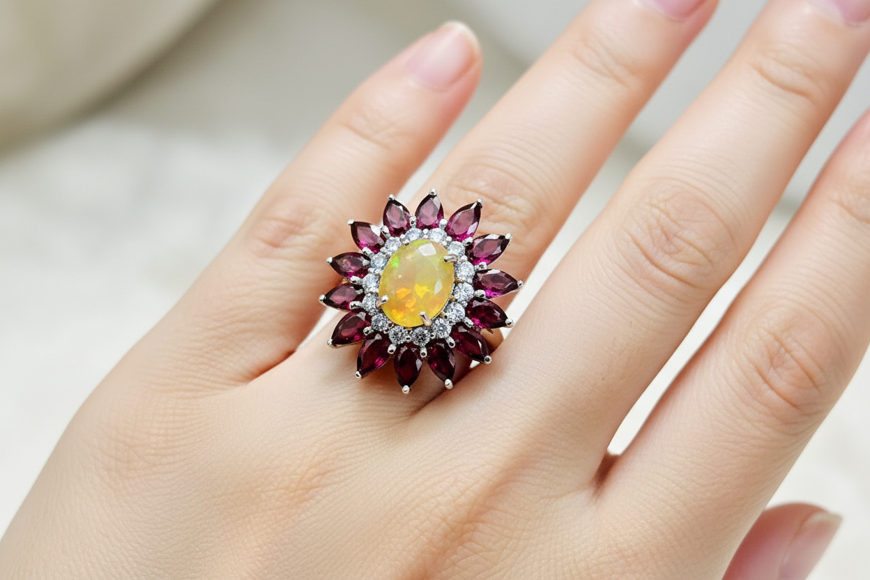 Natural 925Silver Rubellite and Fire Opal with Tanzanite Ring
