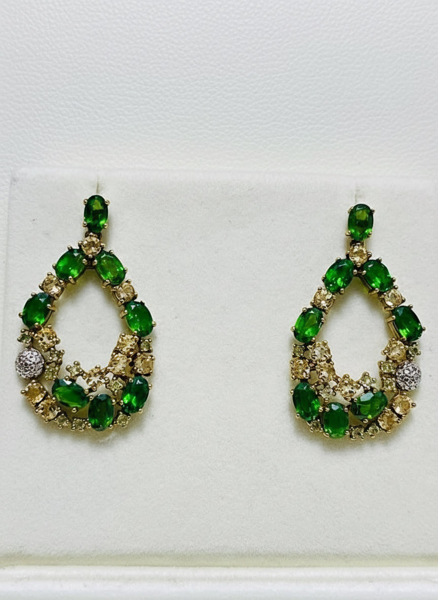 Pair of natural gemstone earrings with vibrant green chrome diopside and yellow sapphires.