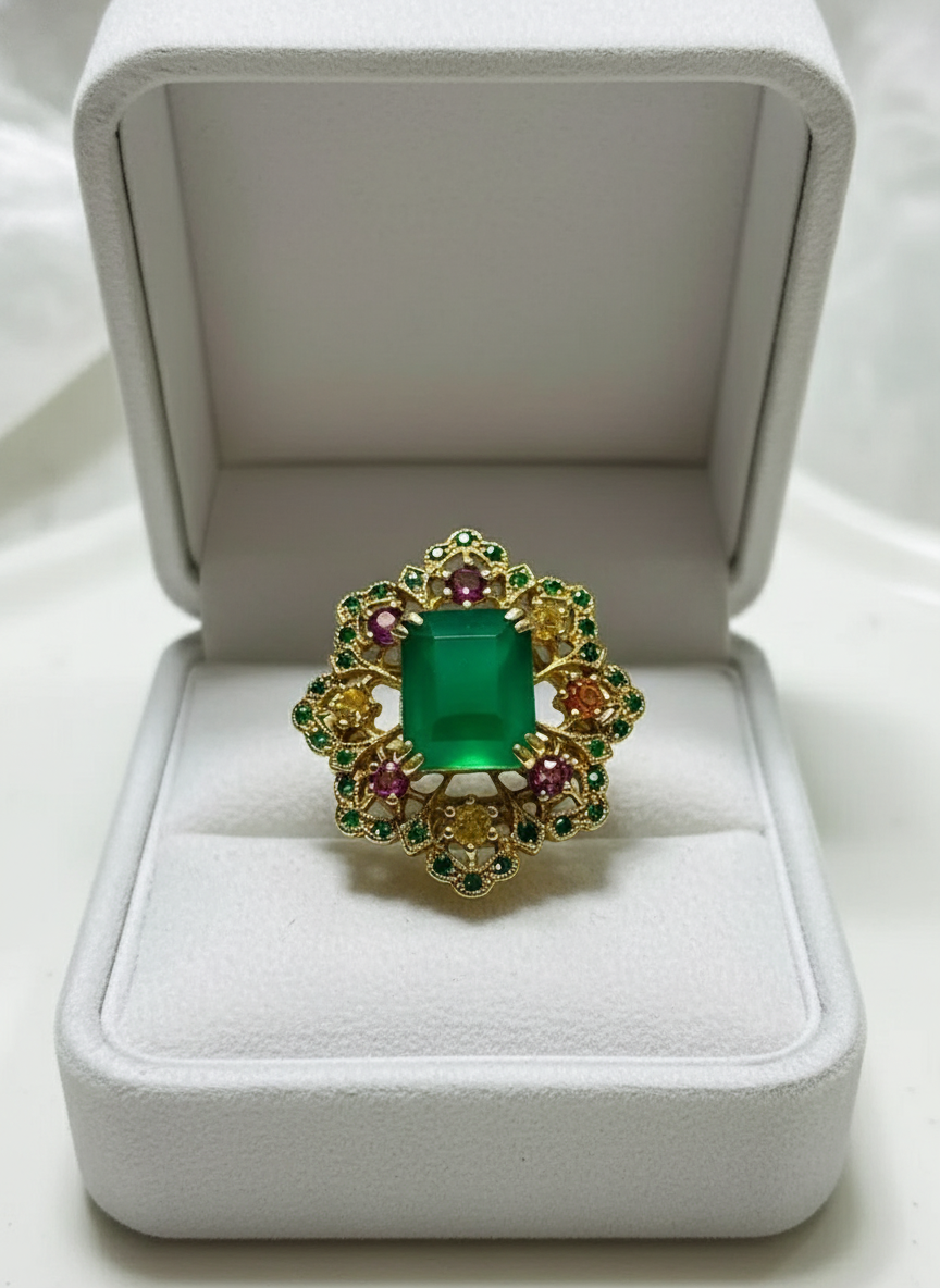 Stunning 5 Ct Emerald, sapphires and diopside, Agate ring
