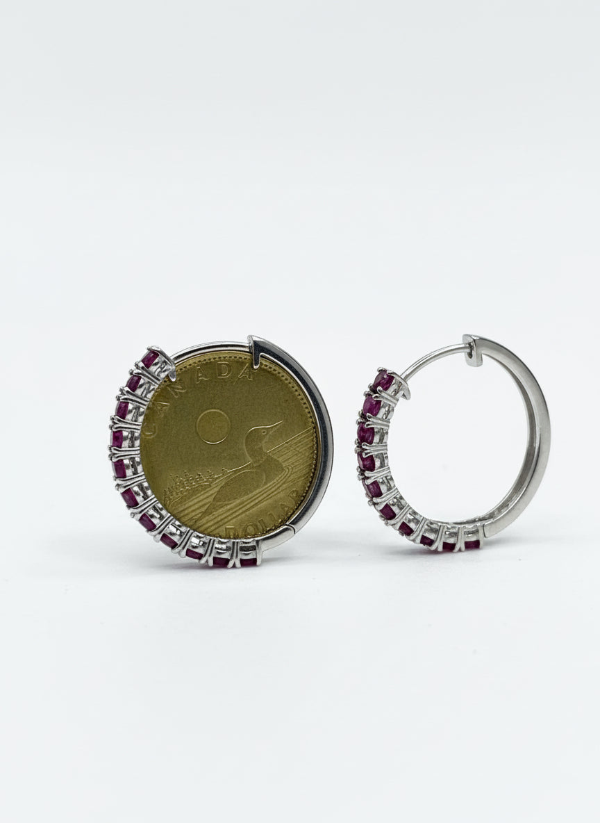 Natural ruby hoop earrings next to a Canadian dollar coin for an easy size reference.