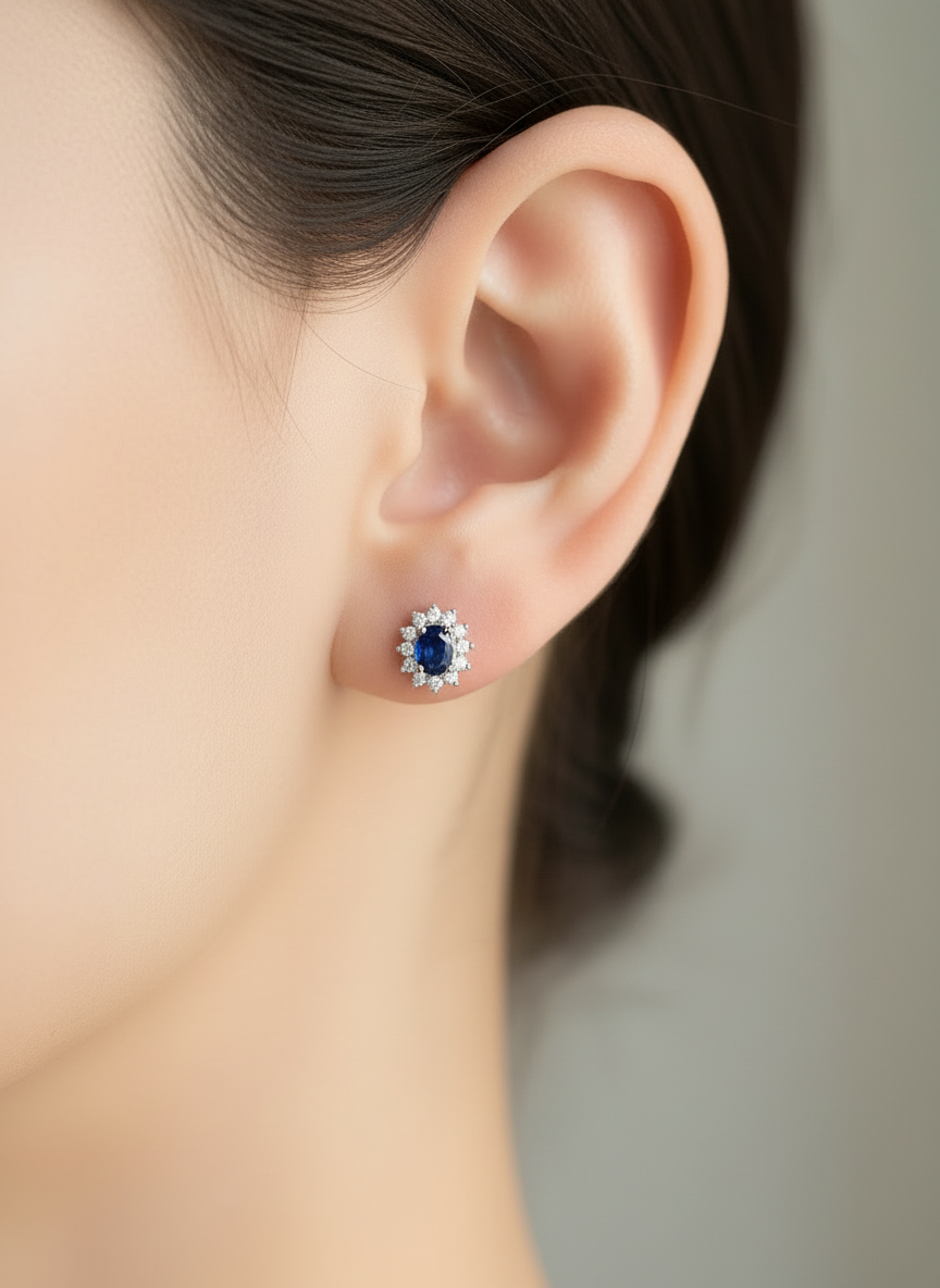 Natural Sapphires Halo Stud Earrings- Sterling Silver