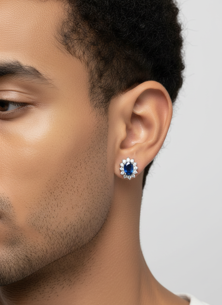 Natural Sapphires Halo Stud Earrings- Sterling Silver