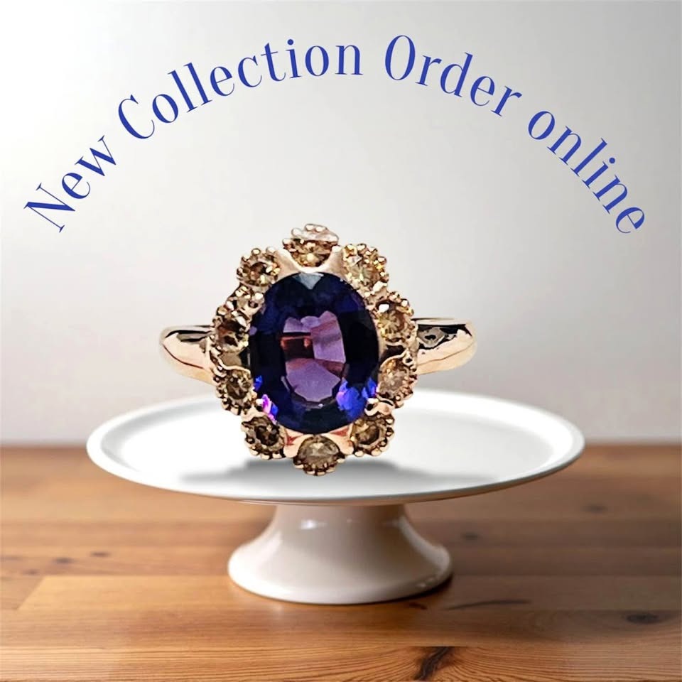 Stunning new collection rose gold sterling silver ring with an oval amethyst and sapphire halo, order online.