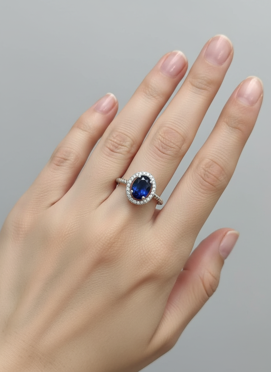 Handmade Oval Salon Blue Sapphire Halo Ring