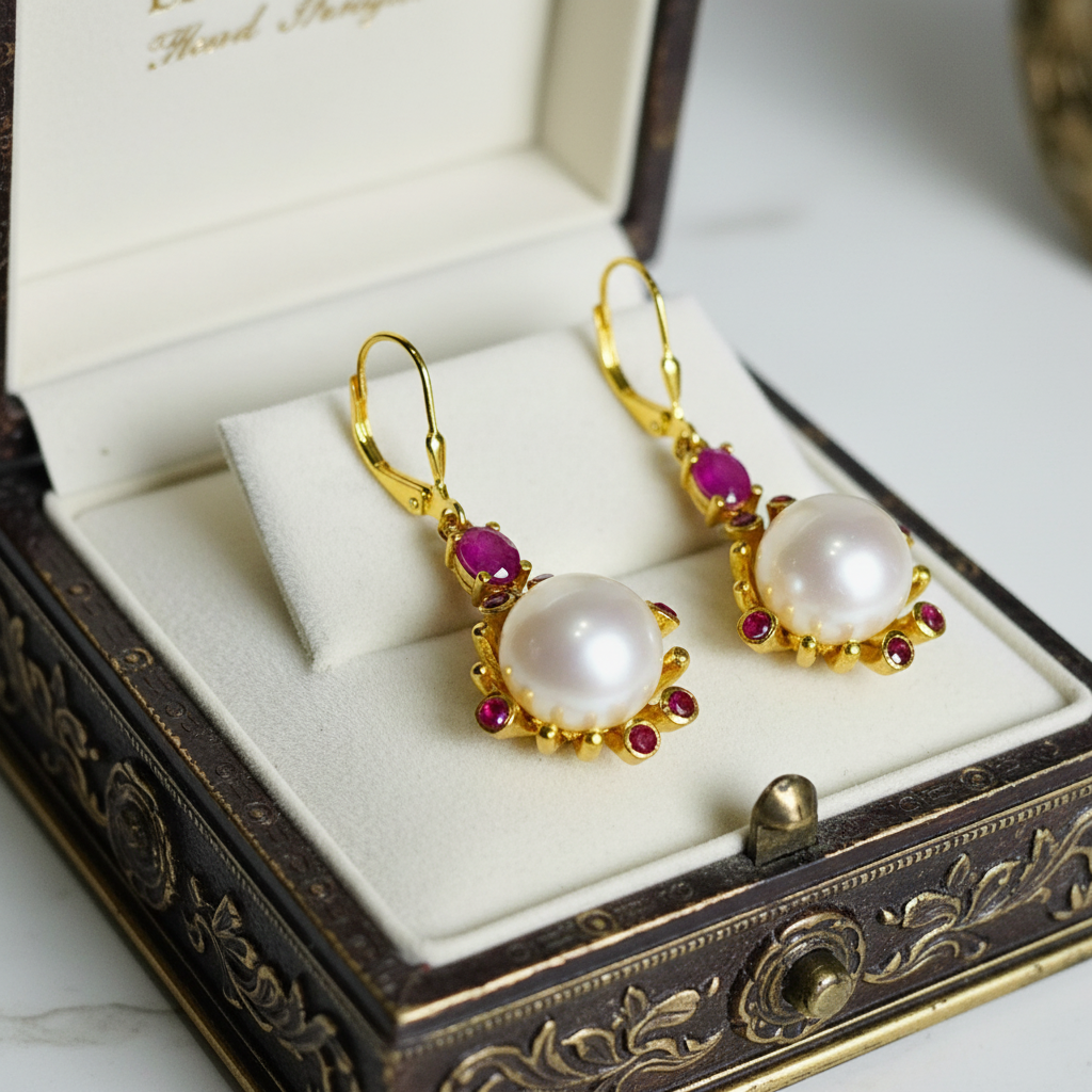 Pearl and ruby earrings in vintage box
