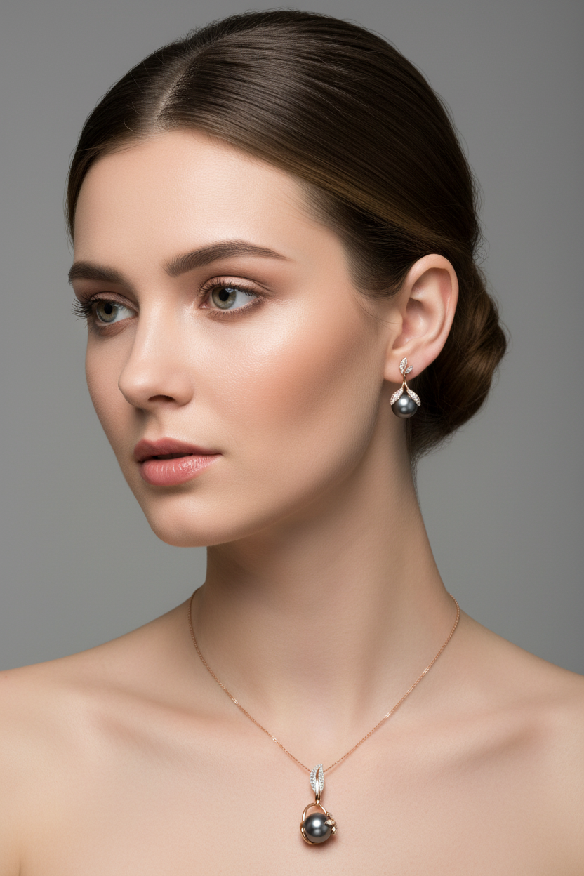 Pearl earrings and necklace on model