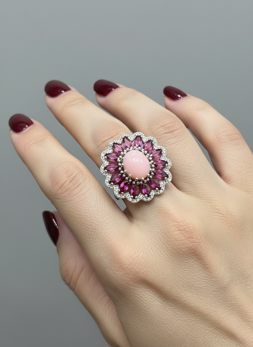 Pink Opal & Rhodolite Garnet Statement Ring in Silver