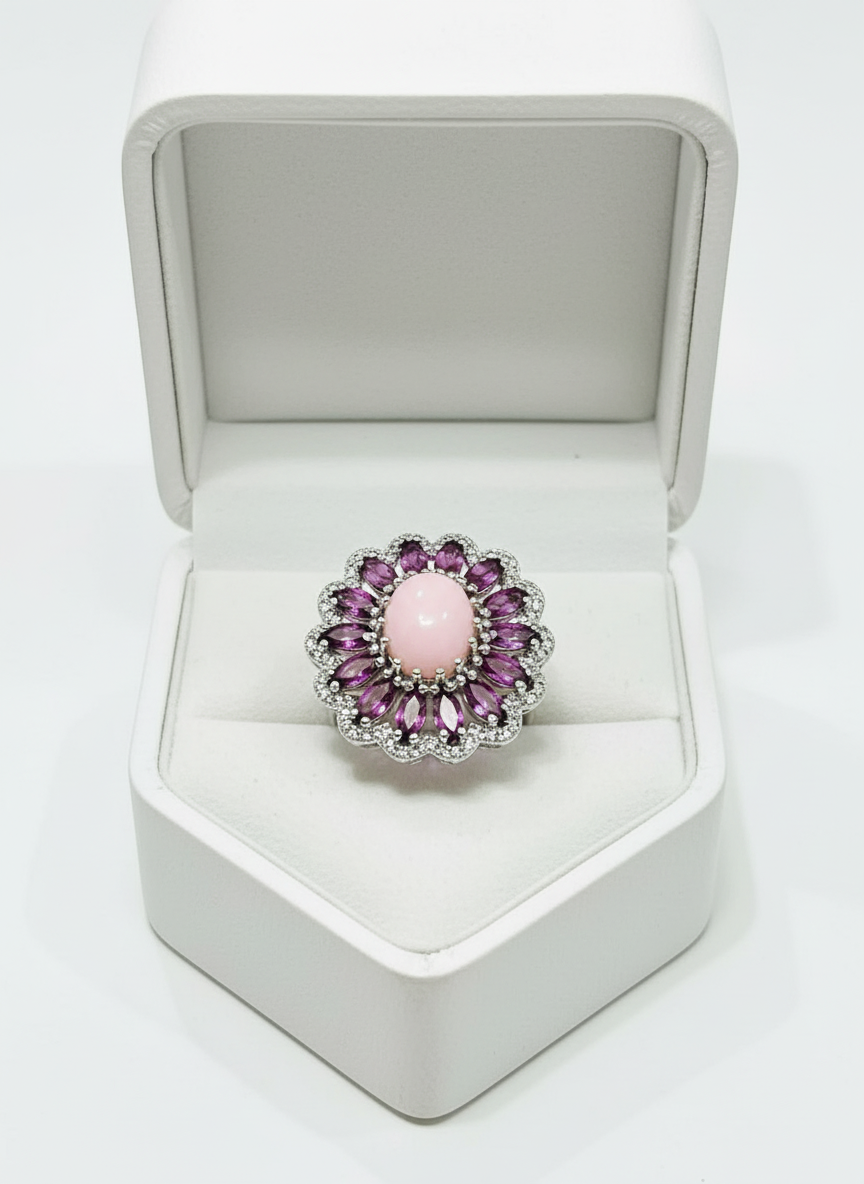 Pink Opal & Rhodolite Garnet Statement Ring in Silver
