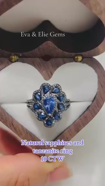 Natural blue tanzanite and sapphire flower-cluster ring, perfect for a cocktail party.