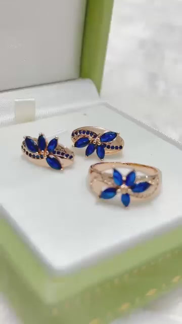 Elegant blue sapphire flower-design jewelry set in 14k 585RG stamped Rolled Gold.