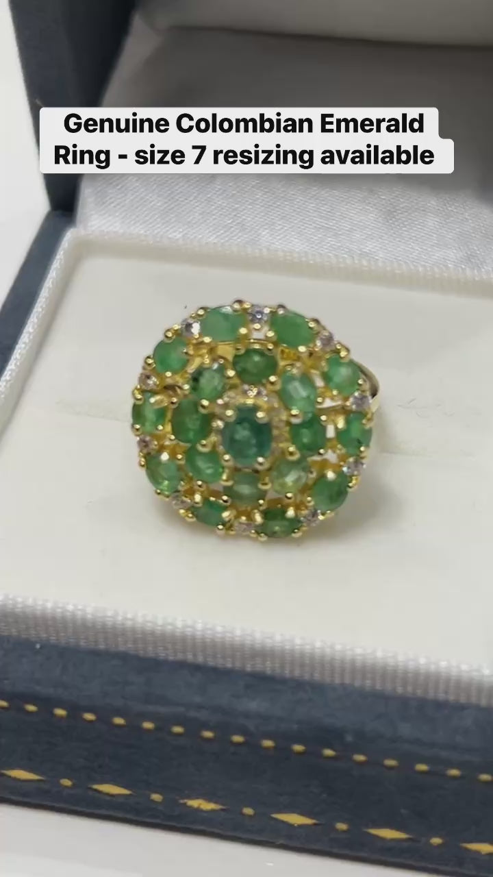Genuine Emerald & White Sapphires Flower Cluster Ring – 18K Gold Plated