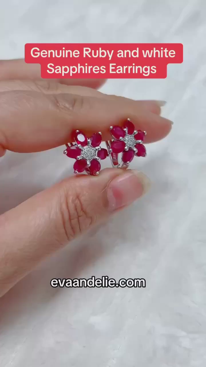 Elegant red ruby and white sapphire petal earrings with brilliant sparkle.