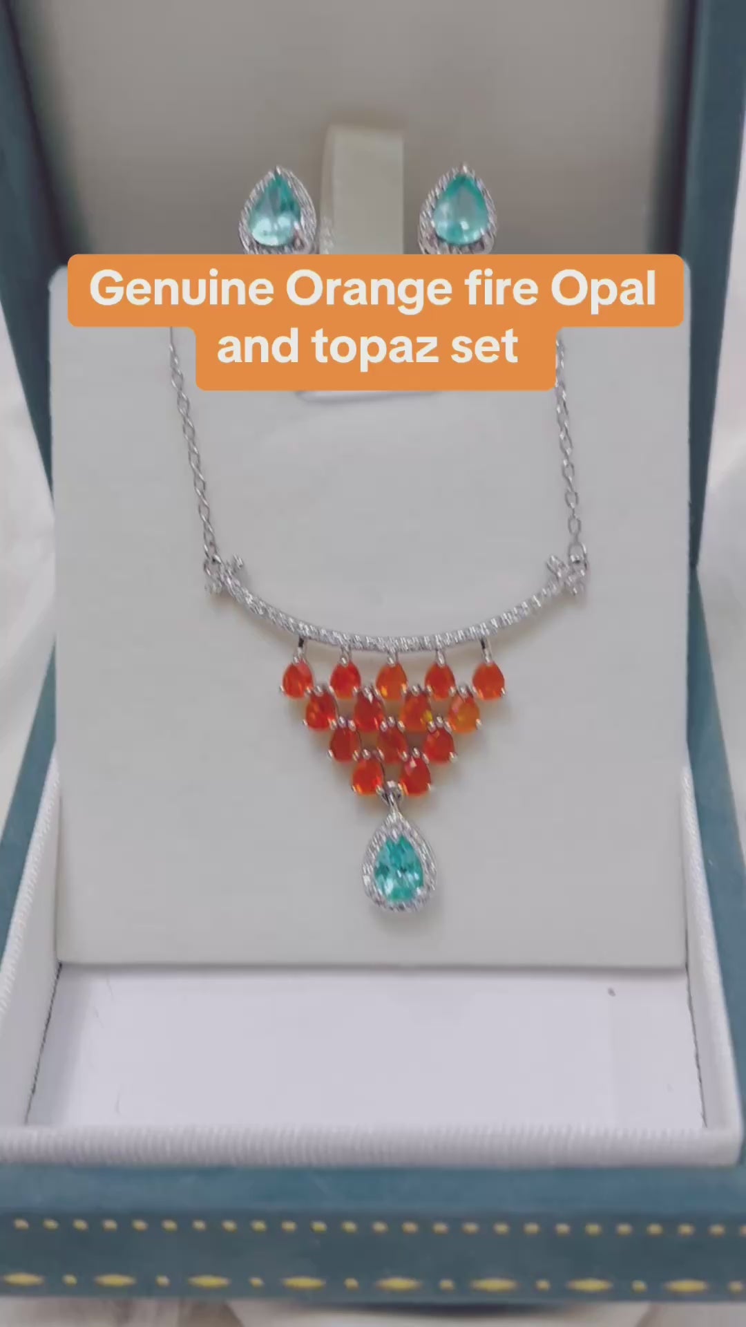Fire Opal and Blue Topaz Sterling Silver Necklace and Earring Set