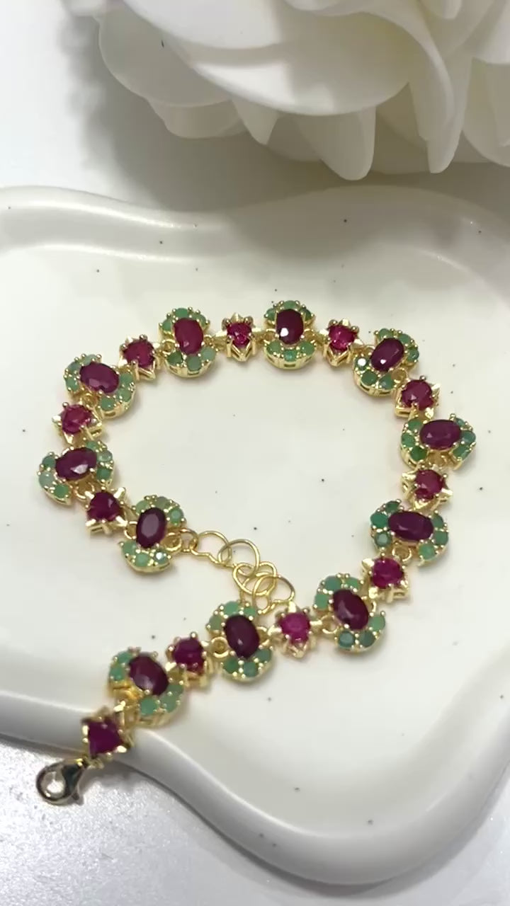 Genuine Ruby and Emerald Bracelet in 14k Gold over sterling silver