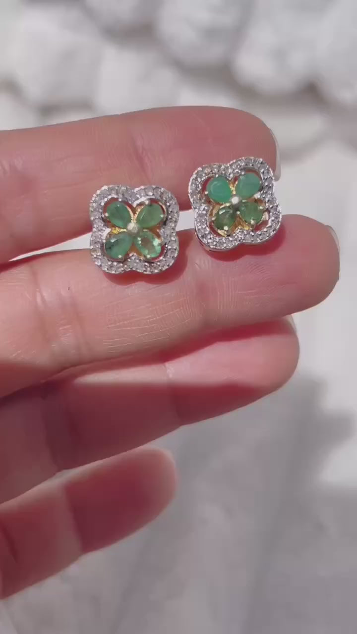 Genuine Colombian emerald & peridot clover earrings with sparkling accents by Eva & Elie Gems.