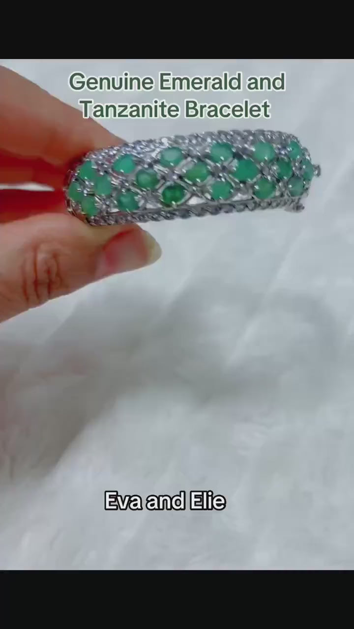 Aztec-inspired bracelet with genuine Emeralds and Tanzanite. Eva and Elie's unique gemstone jewelry.