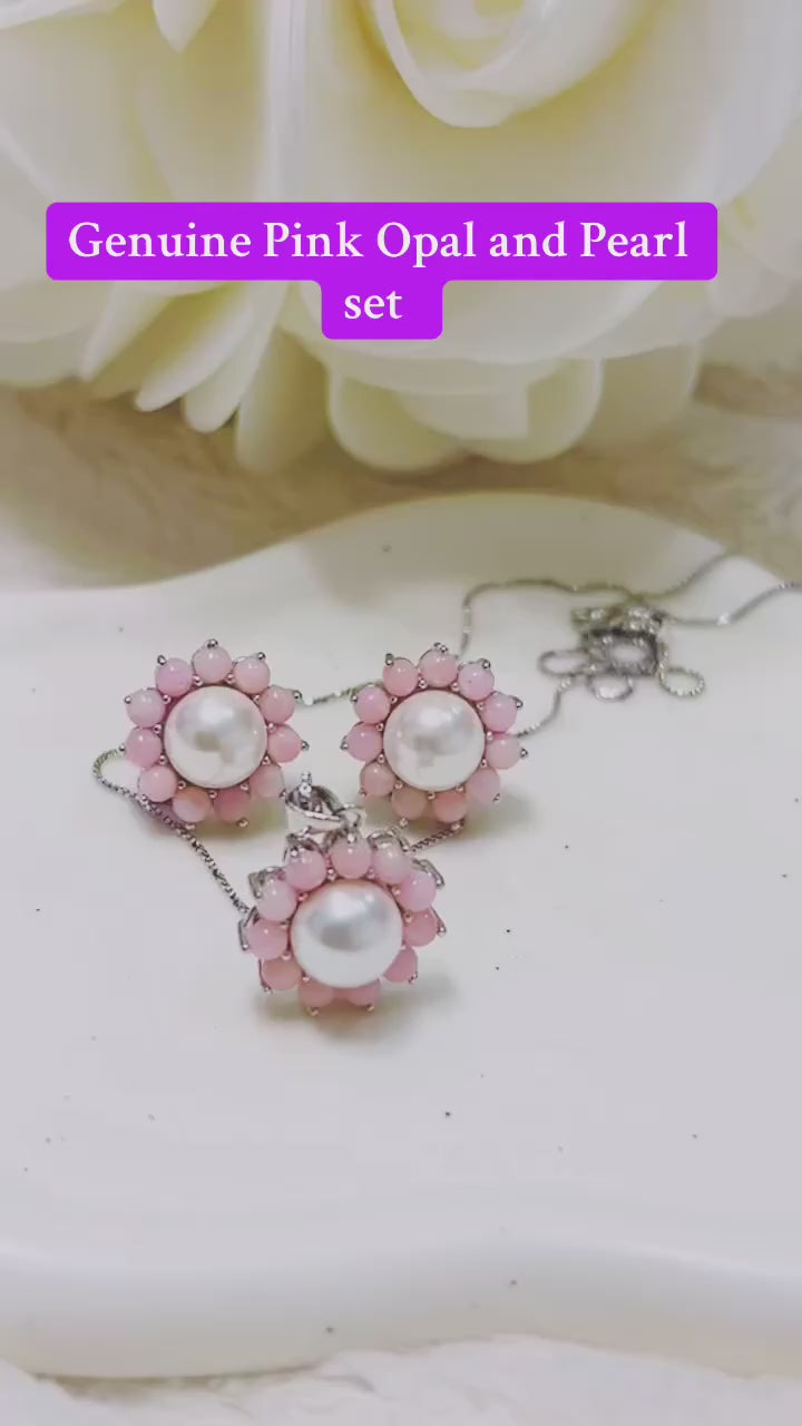 Handmade Natural Pink Opal and Pearl Jewelry Set