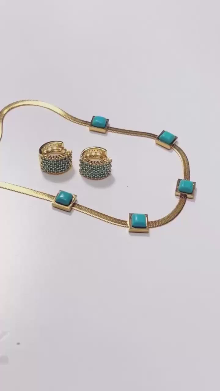 18k gold vermeil waterproof turquoise chain necklace and huggie hoop earrings set.