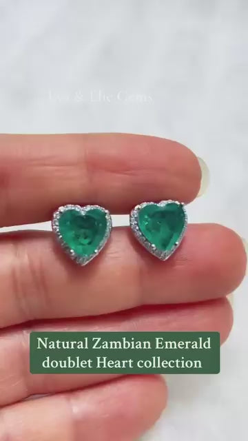 Natural Zambian emerald doublet heart-shaped earrings with sparkling halo.