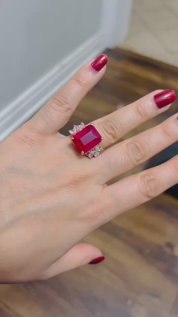 12.8 CTW Handmade Emerald Cut Ruby Solitaire Ring in 14k Gold vermeil over 925S