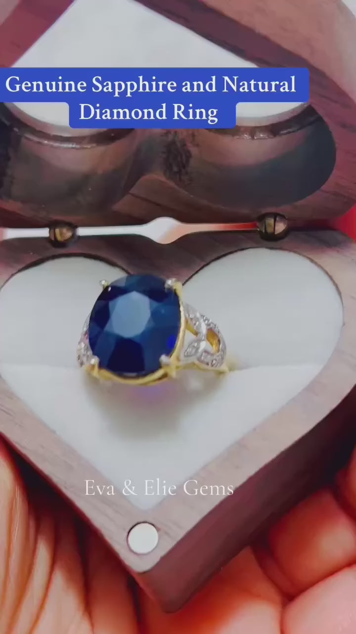  Beautiful genuine sapphire and diamond ring, sterling silver setting.