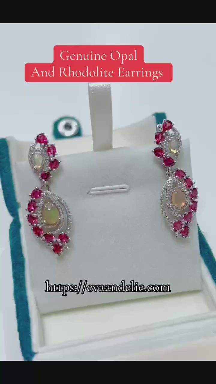 Handcrafted vintage-inspired fire opal & rhodolite garnet drop earrings.