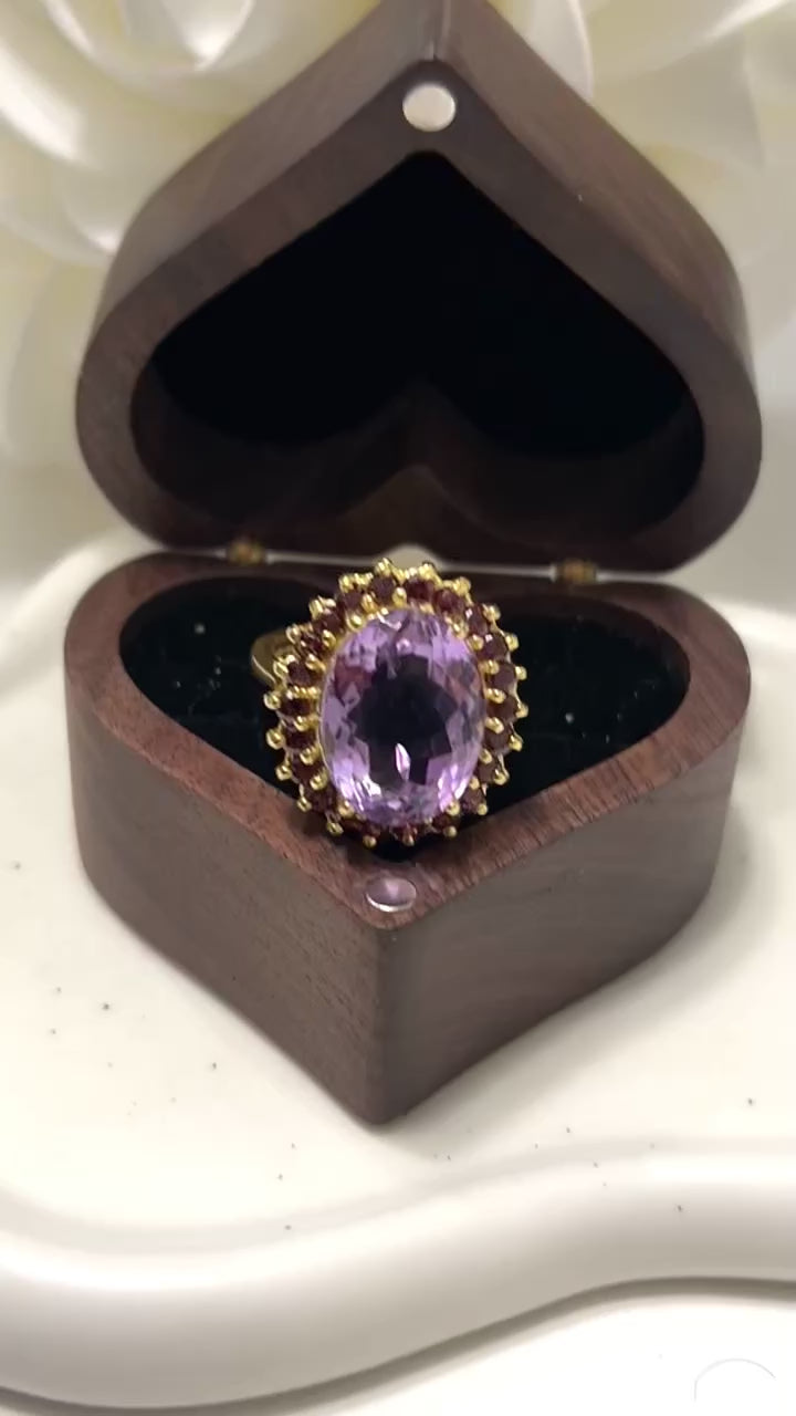 Artisan Solitaire Amethyst Ring with Rhodolite Garnet Accents – 14K Yellow Gold over Silver
